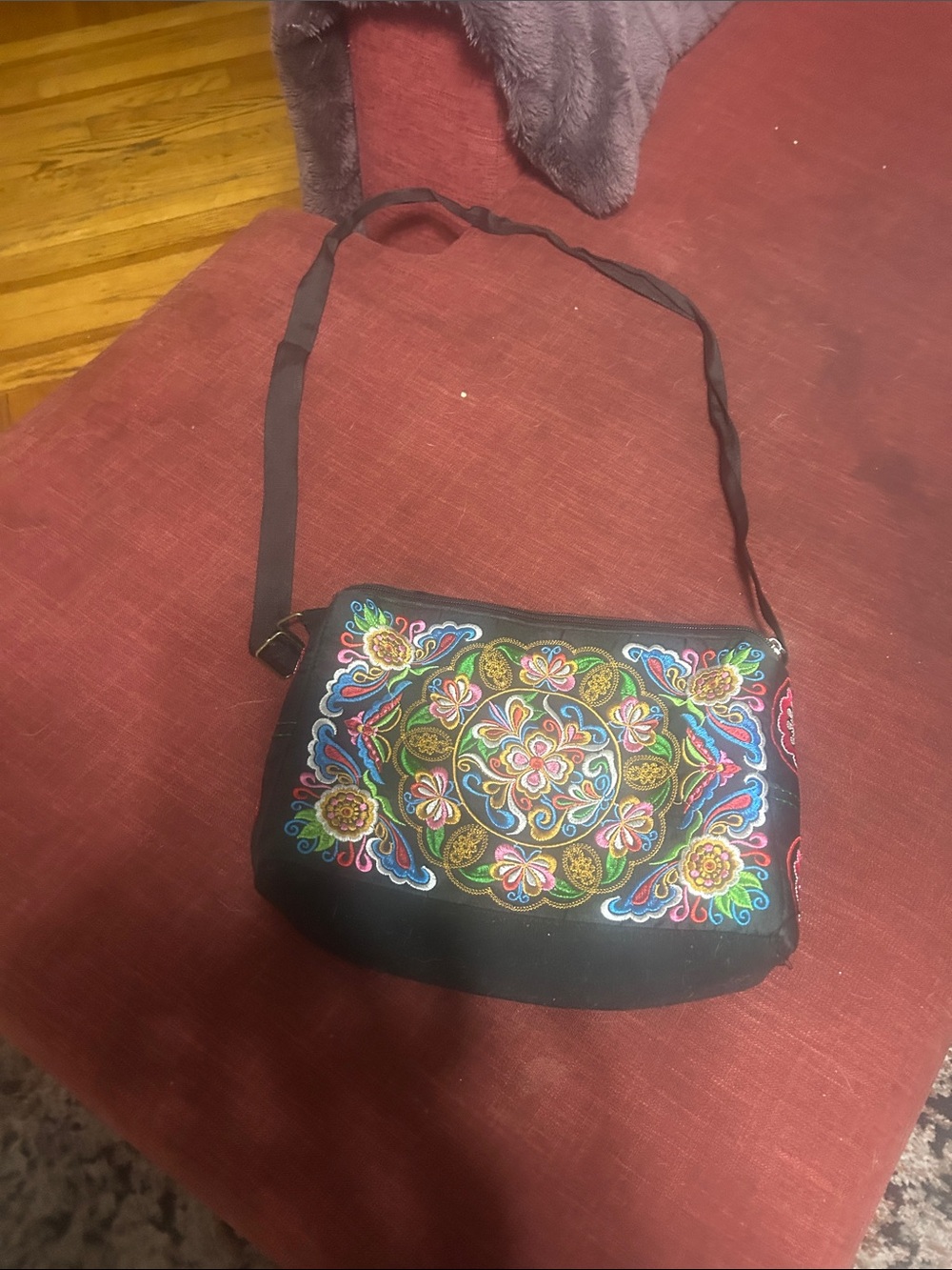 Black Embroidered Crossbody Bag with Multicolor Floral Mandala